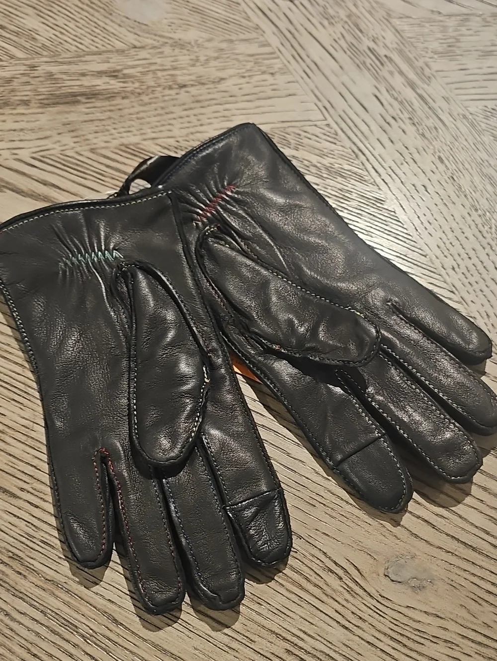 Kurt Geiger London Eagle Black Leather Gloves Rainbow Stitching NWT $98 SZ M